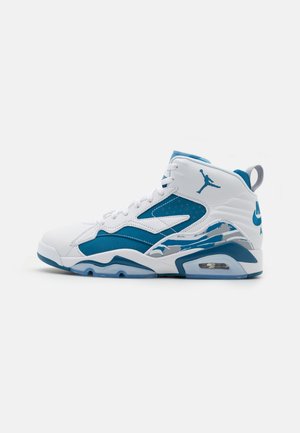 White and blue high-top basketball sneaker with visible air cushion, Jumpman logo, and abstract patterned midsole accents.