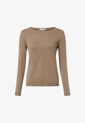 Brown long-sleeve knit sweater with a crew neck, soft texture, and ribbed cuffs and hem. Simple design with no patterns or embellishments.