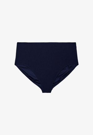 Kõrge vöökohaga tumelilla triibuline bikiinipõhjaga, millel on täielik katvus ja sisealadel sile kangasvooder.