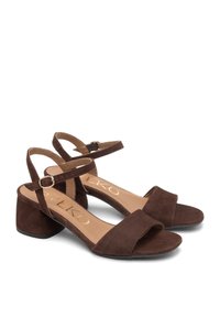 Sandali con tacco a blocco in suede marrone, con punta aperta, cinturino alla caviglia regolabile e soletta in pelle liscia con lettering dorato del marchio.