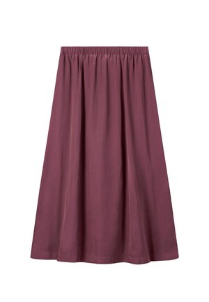 Jupe mi-longue de couleur violet doux avec taille élastique et plis légers, confectionnée dans un tissu léger pour une coupe fluide.