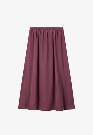 Middenlange rok in gedempte paarse kleur met elastische tailleband en zachte plooien, gemaakt van lichtgewicht stof voor een vloeiende pasvorm.