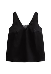 Zwarte mouwloze top van een gladde stof, met een diepe V-halslijn en kantdetails aan de achterkant, en twee vo Taschen.