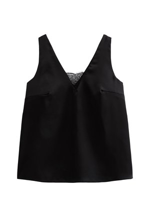 Zwarte mouwloze top van een gladde stof, met een diepe V-halslijn en kantdetails aan de achterkant, en twee vo Taschen.