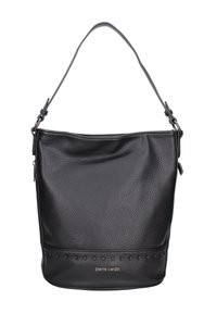 Borsa hobo in pelle nera con finitura testurizzata, tracolla regolabile e dettagli a borchie circolari lungo il fondo. Nome del marchio impresso.