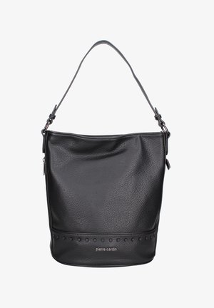 Borsa hobo in pelle nera con finitura testurizzata, tracolla regolabile e dettagli a borchie circolari lungo il fondo. Nome del marchio impresso.