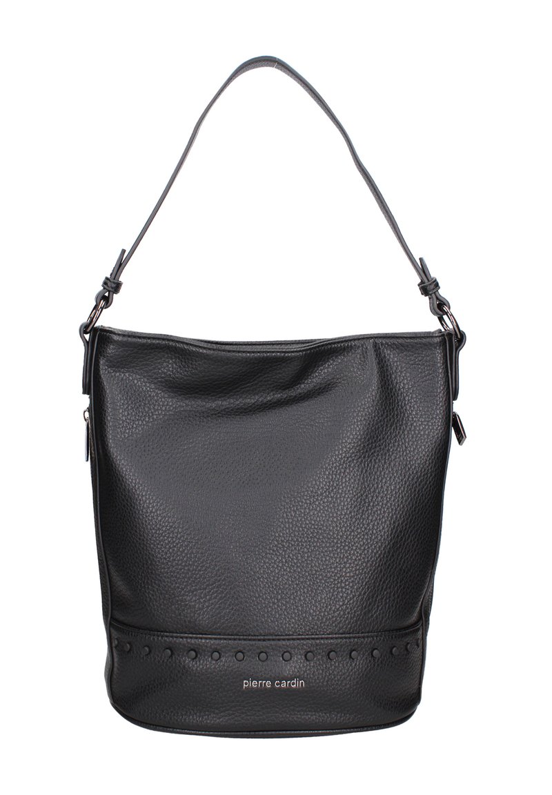 Borsa hobo in pelle nera con finitura testurizzata, tracolla regolabile e dettagli a borchie circolari lungo il fondo. Nome del marchio impresso.