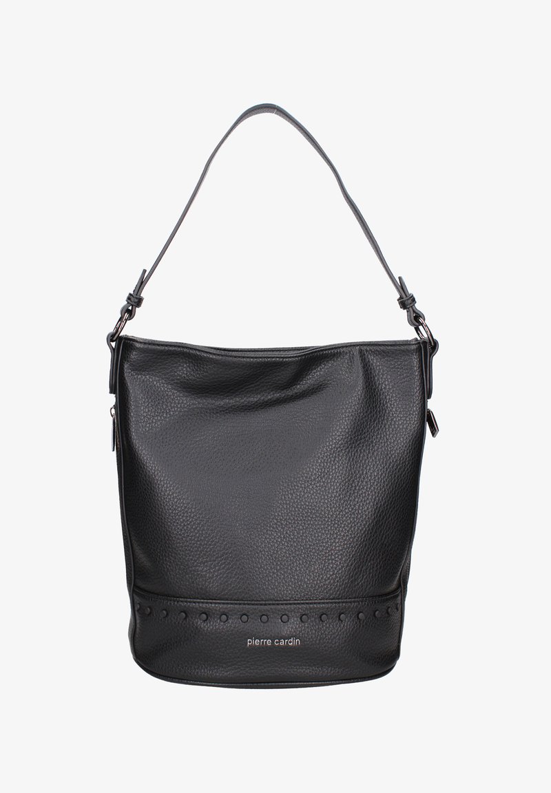 Zwarte leren hobo tas met gestructureerde afwerking, verstelbare schouderriem en cirkelvormige studdetails langs de onderkant. Merkennaam geperst.