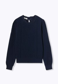Pull en tricot bleu marine avec des motifs texturés, encolure ronde et manches longues, doté d'un ourlet ajusté et d'un design en tricot relief.