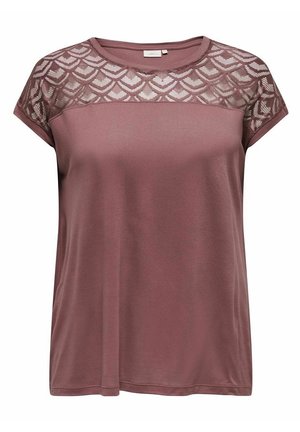 Haut mauve à manches courtes présentant un empiècement en dentelle texturée avec un motif en festons, confectionné dans un tissu doux et respirant.