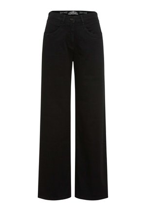 Weite schwarze Hose aus weichem Stoff mit Knopfverschluss und vorderen Taschen. Gerades Silhouette mit einem klaren, minimalistischen Design.