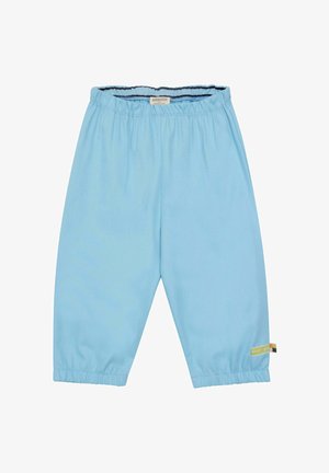 Pantaloni azzurro chiaro con cintura elastica e polsini arricciati, realizzati in un materiale leggero; presenta un piccolo etichetta con accenti multicolori.