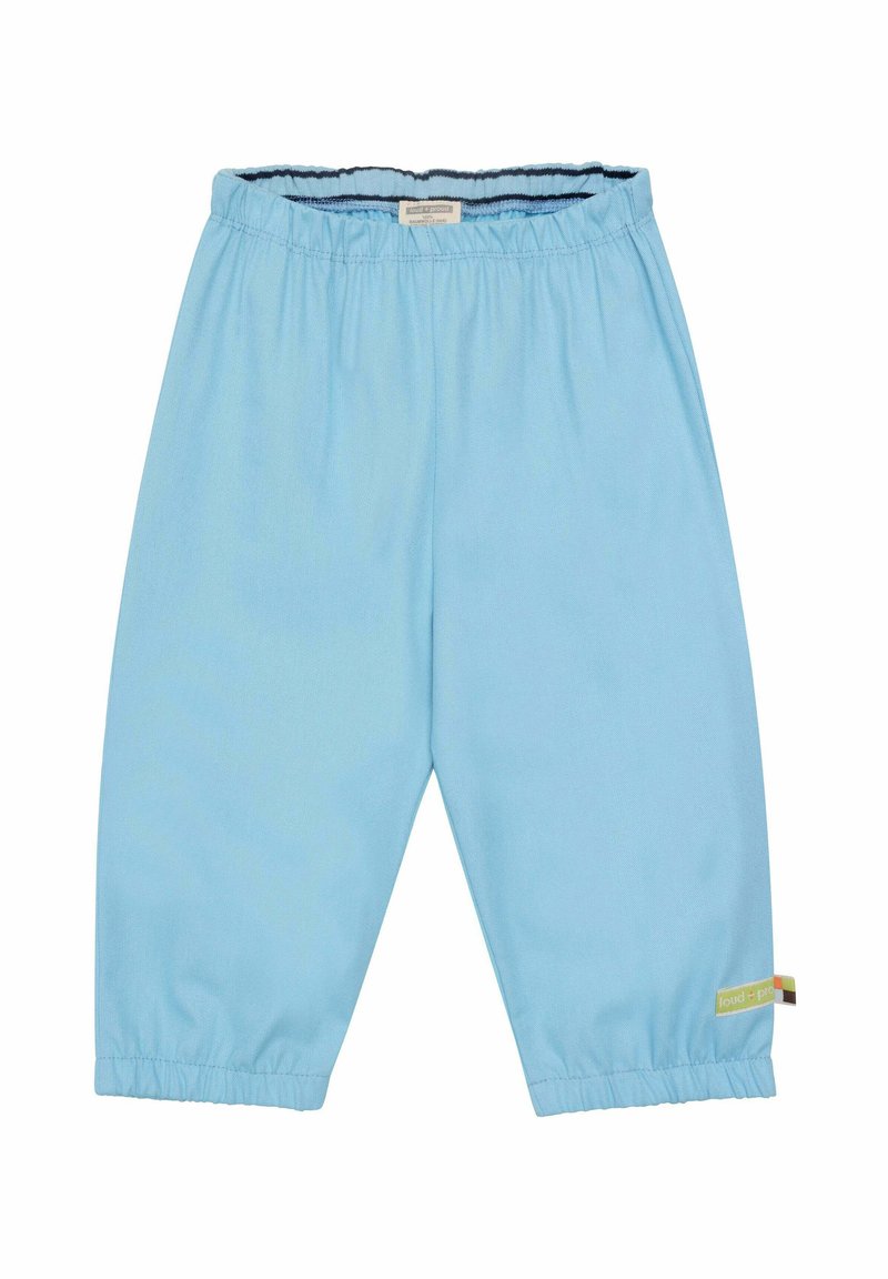 Helle blaue, elastische Hosen mit gerafften Bündchen, aus leichtem Material gefertigt; verfügt über ein kleines Etikett mit mehrfarbigen Akzenten.