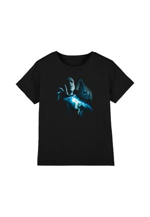 Black t-shirt with graphic of a wizard casting a blue lightning spell and a dark castle in the background.