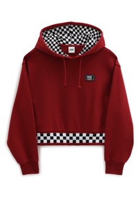 Sudadera recortada roja de Vans con forro a cuadros en negro y blanco en la capucha y el dobladillo, con un pequeño parche del logo de Vans en el pecho.