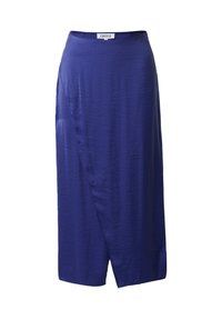 Lange, marineblauwe satijnen rok met een wikkelontwerp, gladde textuur en een elastische tailleband voor gemakkelijk aan- en uittrekken. Geschikt voor verschillende gelegenheden.
