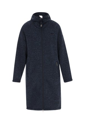 Abrigo de forro polar azul oscuro con cremallera, cuello alto y bolsillos laterales, diseñado para brindar calidez y uso casual.