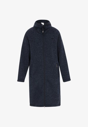 Abrigo de forro polar azul oscuro con cremallera, cuello alto y bolsillos laterales, diseñado para brindar calidez y uso casual.