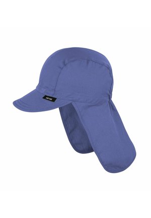 Cappello da sole in tessuto blu con aletta estesa sulla nuca e tesa corta e curva, con una piccola etichetta nera sul lato.