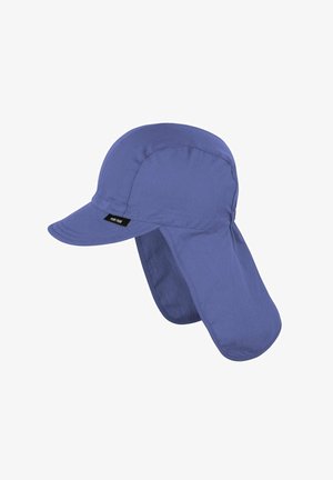 Cappello da sole in tessuto blu con aletta estesa sulla nuca e tesa corta e curva, con una piccola etichetta nera sul lato.