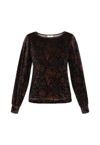 Langärmliges schwarzes Samtoberteil mit einem kunstvollen Paisley-Muster in Rost- und Goldtönen. Rundhalsausschnitt und geraffte Manschetten. Weicher Stoff.
