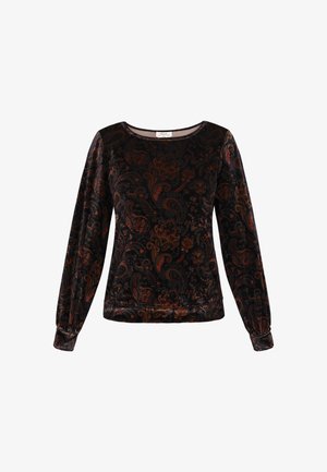 Dlhý čierny zamatový top s detailným paisley vzorom v hrdzavých a zlatých odtieňoch. Okrúhly výstrih a naťahovacie manžety. Mäkká textúra.