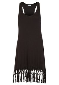 Vestido de tirantes negro hecho de una tela suave, con un escote redondeado y un dobladillo con flecos y detalles recortados para añadir textura.