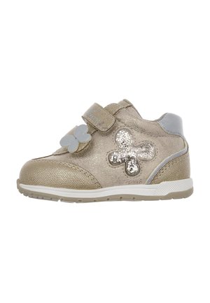 Gold toddler shoe with hook-and-loop strap, butterfly decorations, and white rubber sole, shown from the outer side on white background.
