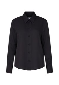 Camicia nera a maniche lunghe con colletto appuntito, bottoni frontali e orlo dritto. Realizzata in tessuto liscio di colore uniforme senza motivi.