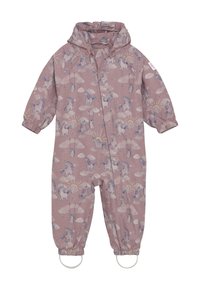 Rosa vattentät overall med mönster av enhörningar och moln, elastiska ärmslut och integrerade fotremmar för ökad funktionalitet.