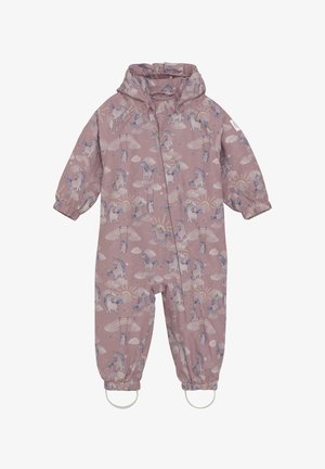 Rosa vattentät overall med mönster av enhörningar och moln, elastiska ärmslut och integrerade fotremmar för ökad funktionalitet.