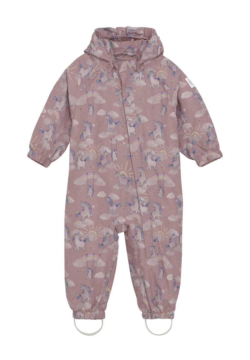 Rosa vattentät overall med mönster av enhörningar och moln, elastiska ärmslut och integrerade fotremmar för ökad funktionalitet.
