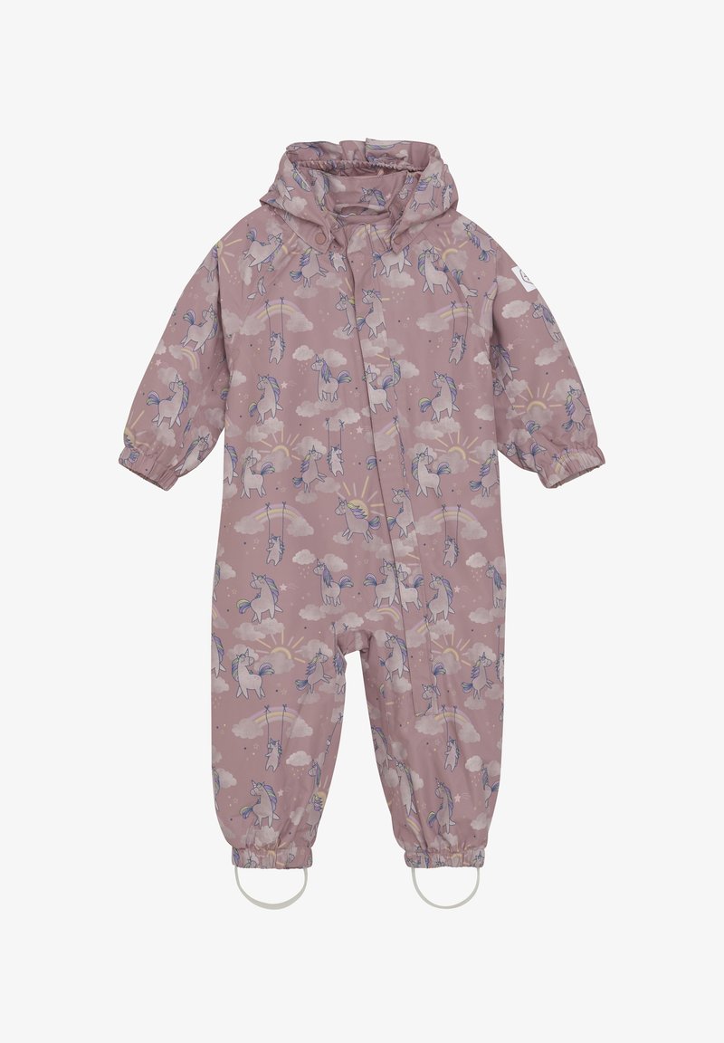Rosa vattentät overall med mönster av enhörningar och moln, elastiska ärmslut och integrerade fotremmar för ökad funktionalitet.