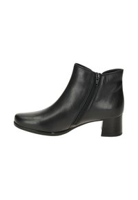 Zwart leren enkellaars met een zijrits en een lage blokhak, ontworpen voor mode en comfort voor vrouwen.
