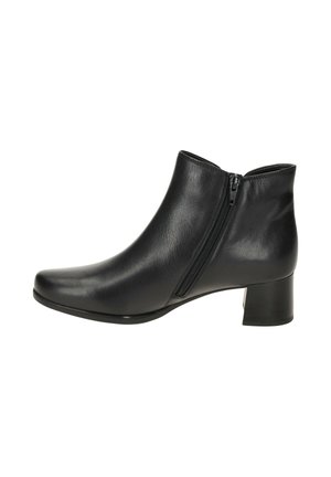 Zwart leren enkellaars met een zijrits en een lage blokhak, ontworpen voor mode en comfort voor vrouwen.