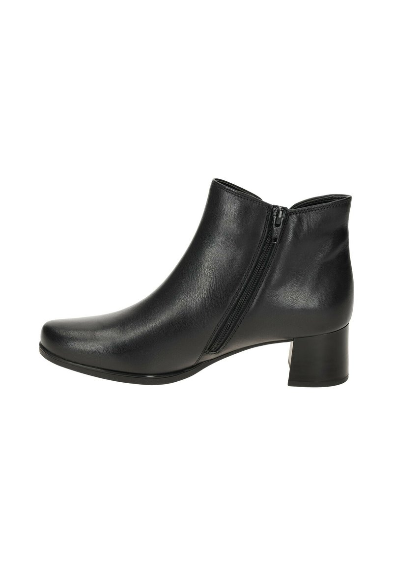 Zwart leren enkellaars met een zijrits en een lage blokhak, ontworpen voor mode en comfort voor vrouwen.