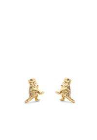 Pendientes de botón de dinosaurio en tono dorado con un intrincado detalle y pequeños acentos de piedras preciosas en el cuerpo. Forma única con un acabado texturizado.