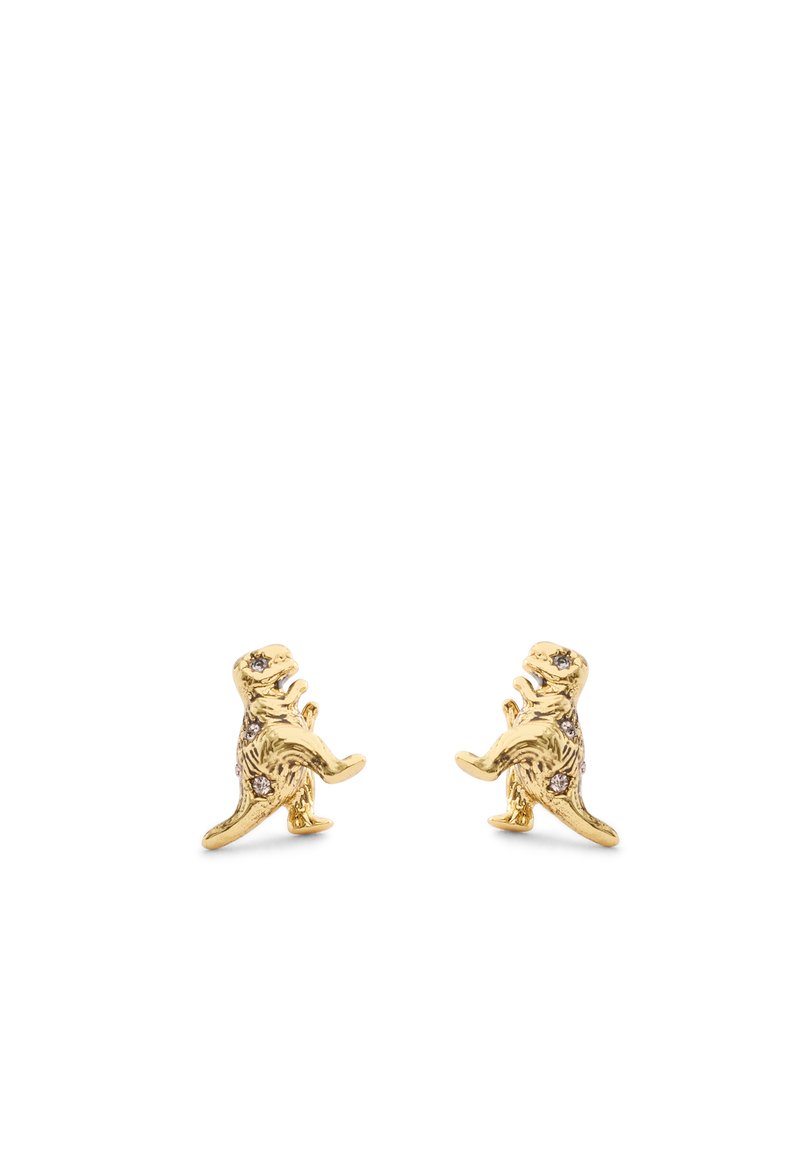 Pendientes de botón de dinosaurio en tono dorado con un intrincado detalle y pequeños acentos de piedras preciosas en el cuerpo. Forma única con un acabado texturizado.