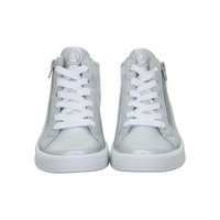 Paar graue Leder-Sneaker mit hohem Schaft, weißen Schnürsenkeln und seitlichen Reißverschlüssen, von vorne vor weißem Hintergrund betrachtet.