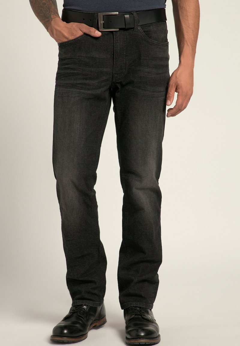 Jeans in denim nero con un design a gamba dritta. Presentano tasche frontali, una cintura e una texture liscia con una leggera sbiaditura.