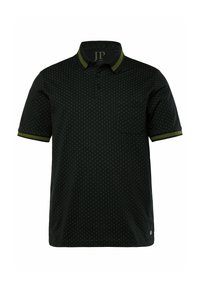 Černé polo tričko s zeleným tečkovaným vzorem, kontrastním zeleným límečkem a pružnými manžetami. Design na knoflíky vpředu. Malá kapsa na hrudi.