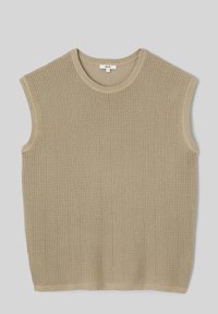 Gilet sans manches en tricot beige avec encolure ronde et bords côtelés, taille grande, posé à plat sur un fond gris clair.