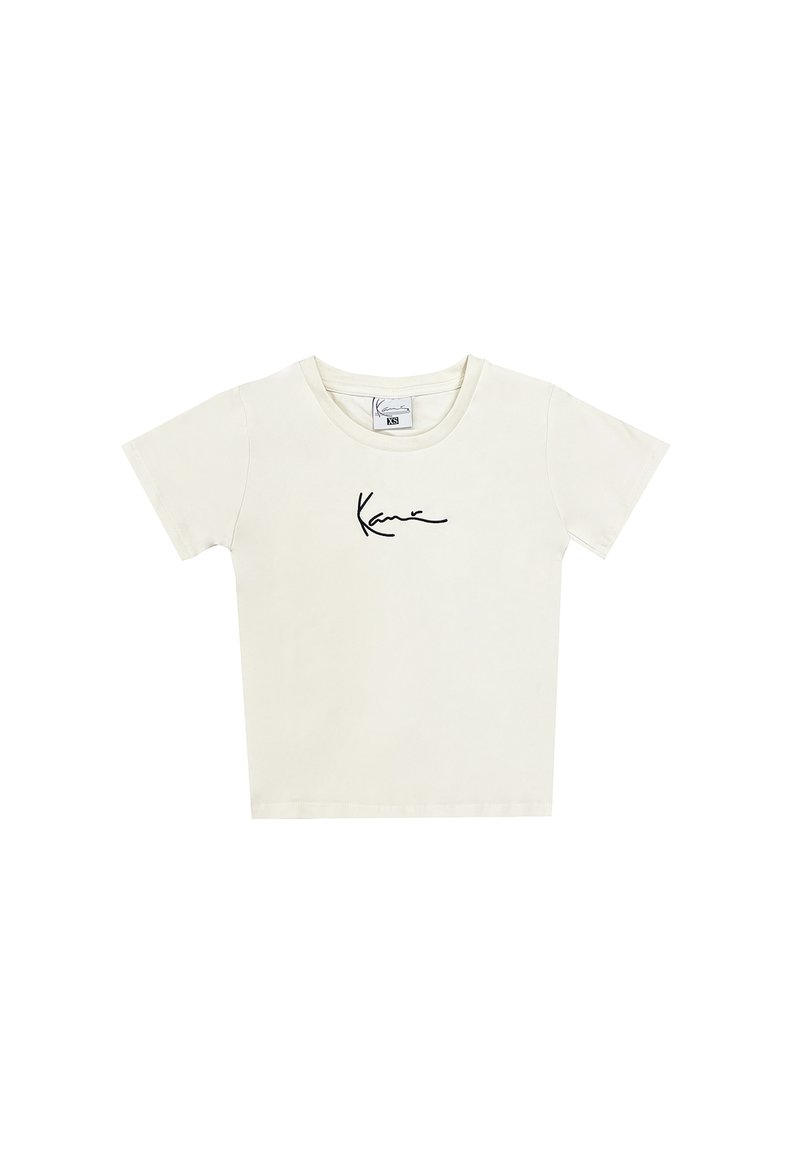 Crème-kleurig katoenen T-shirt met korte mouwen, voorzien van een zwart handtekeninglogo aan de linkerkant van de borst en een ronde hals.