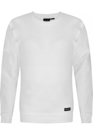 Vit sweatshirt med långa ärmar, ribbade mudd och nederkant, rundad halsringning och en liten varumärkesskylt på nederkantens vänstra sida. Slät textur.