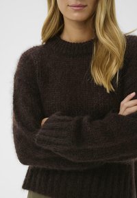 Tumši brūns džemperis ar pūkainu faktūru, ar ribotām aprocēm un apaļu kakla izgriezumu. Dizainā ir vaļīgs piegriezums un bieza auduma struktūra.