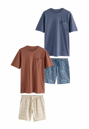 Two t-shirts: one blue with a pocket, one rust. Below, blue patterned shorts and beige patterned shorts with an elastic waistband.