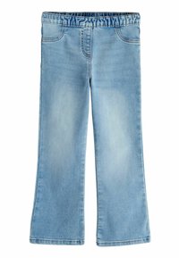 Jean flare bleu clair en denim avec taille élastique, design à cinq poches, légères décolorations à l'avant et coutures cousues.