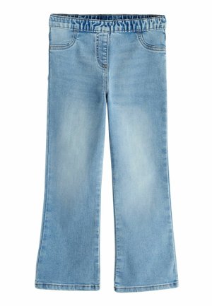 Jeans de mezclilla de campana azul claro con una cinturilla elástica, diseño de cinco bolsillos y un sutil desgastado en la parte frontal, con costuras pesadas.