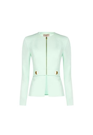 Giacca su misura verde menta chiaro con maniche lunghe, chiusura con zip dorata e due bottoni dorati in vita, senza colletto.