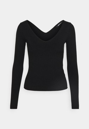 Top negro de manga larga con canalé, con un escote en V profundo y una silueta ajustada, fabricado con un tejido texturizado para confort y estilo.